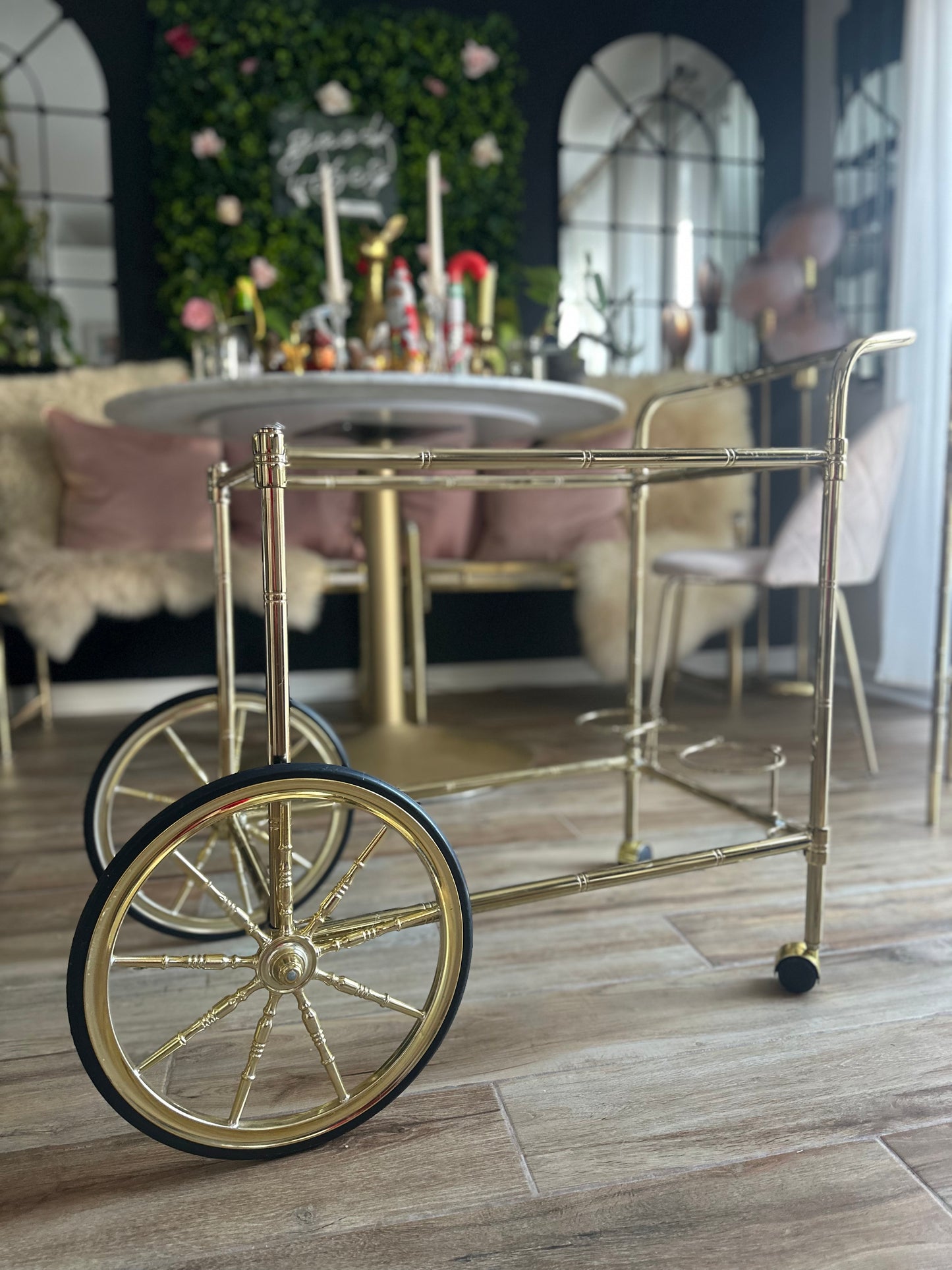 Bamboo Style Gold Vintage Bar Cart *No Glass*