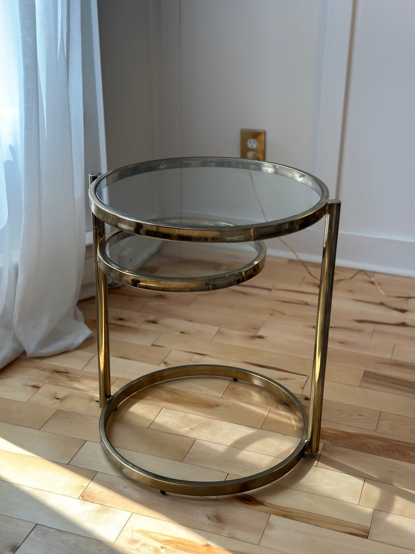 Milo Baughman Style 2 Tier Brass and Glass Cocktail Table