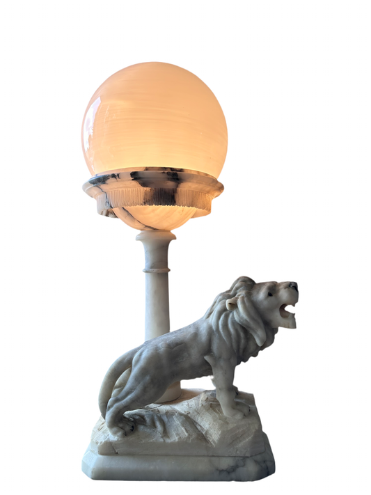 1940’s Solid White Marble Lion Lamp