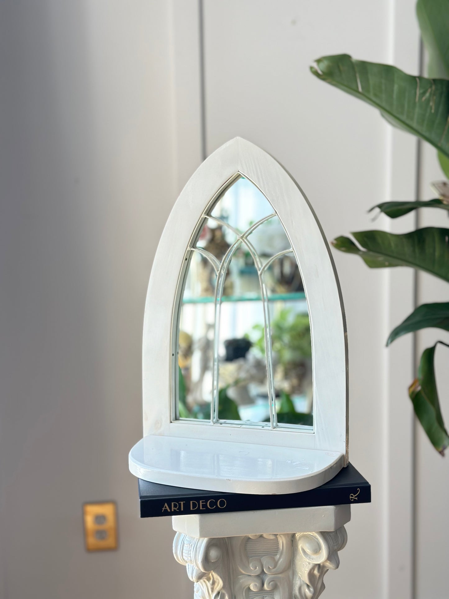 Arched European Cathedral Window Mirror with Shelf in White