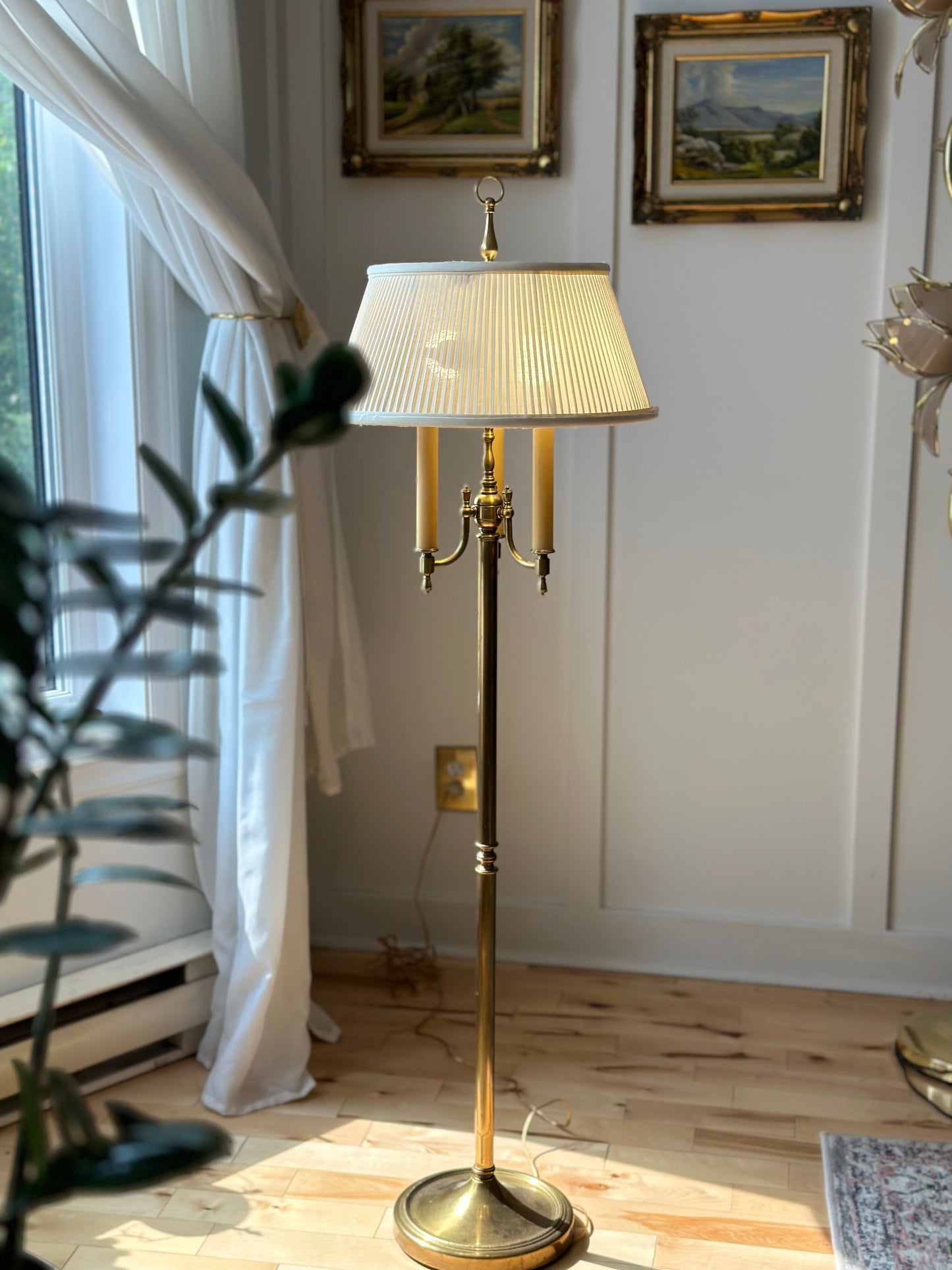 Antique Floor Lamp Brass Body & White Textile Original Shade