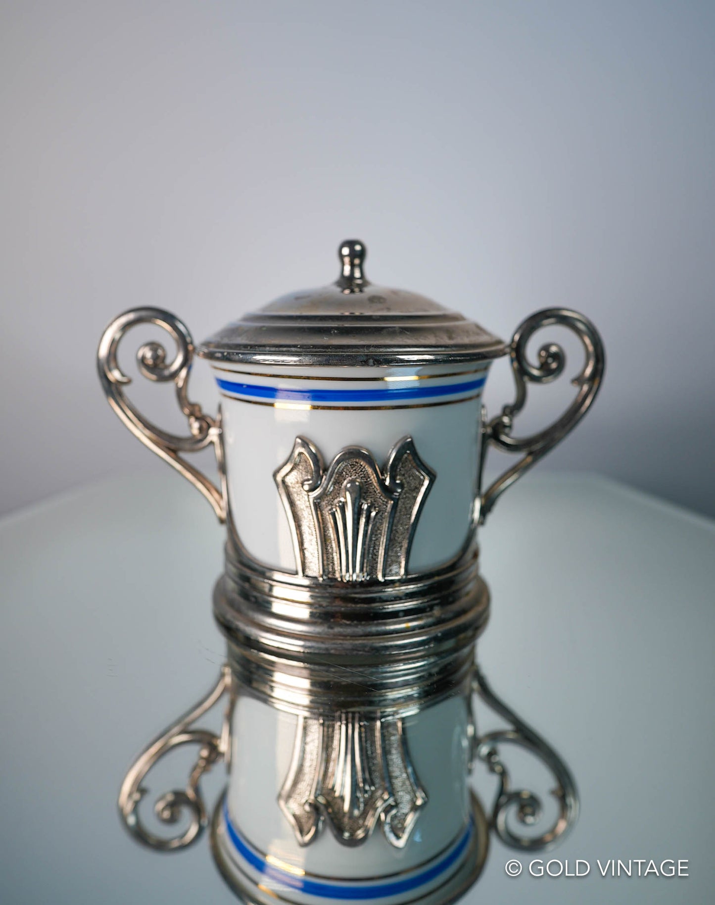 Vintage Italian Chrome & Porcelain Jam Pot Or Sugar Bowl, EP Zinc Chrome Stand Made In Italy, Art Deco Style