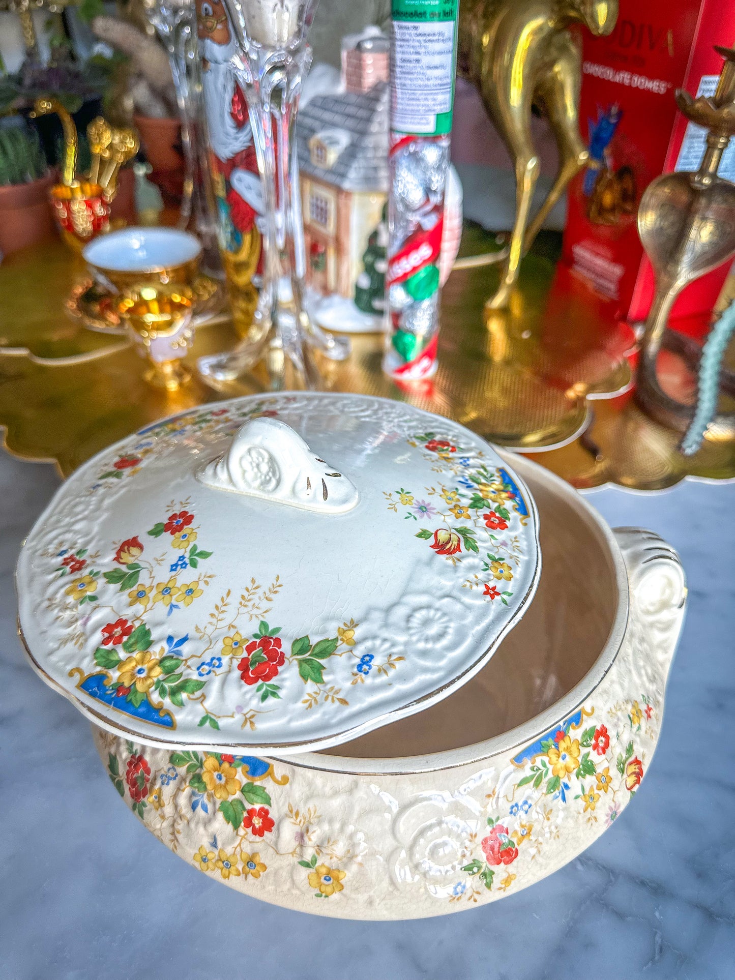 Sovereign Potters Canada HOLLYHOCK Covered Vegetable Bowl, Lidded Serving Bowl, Floral Serving Bowl, Canadian Pottery (1930's)