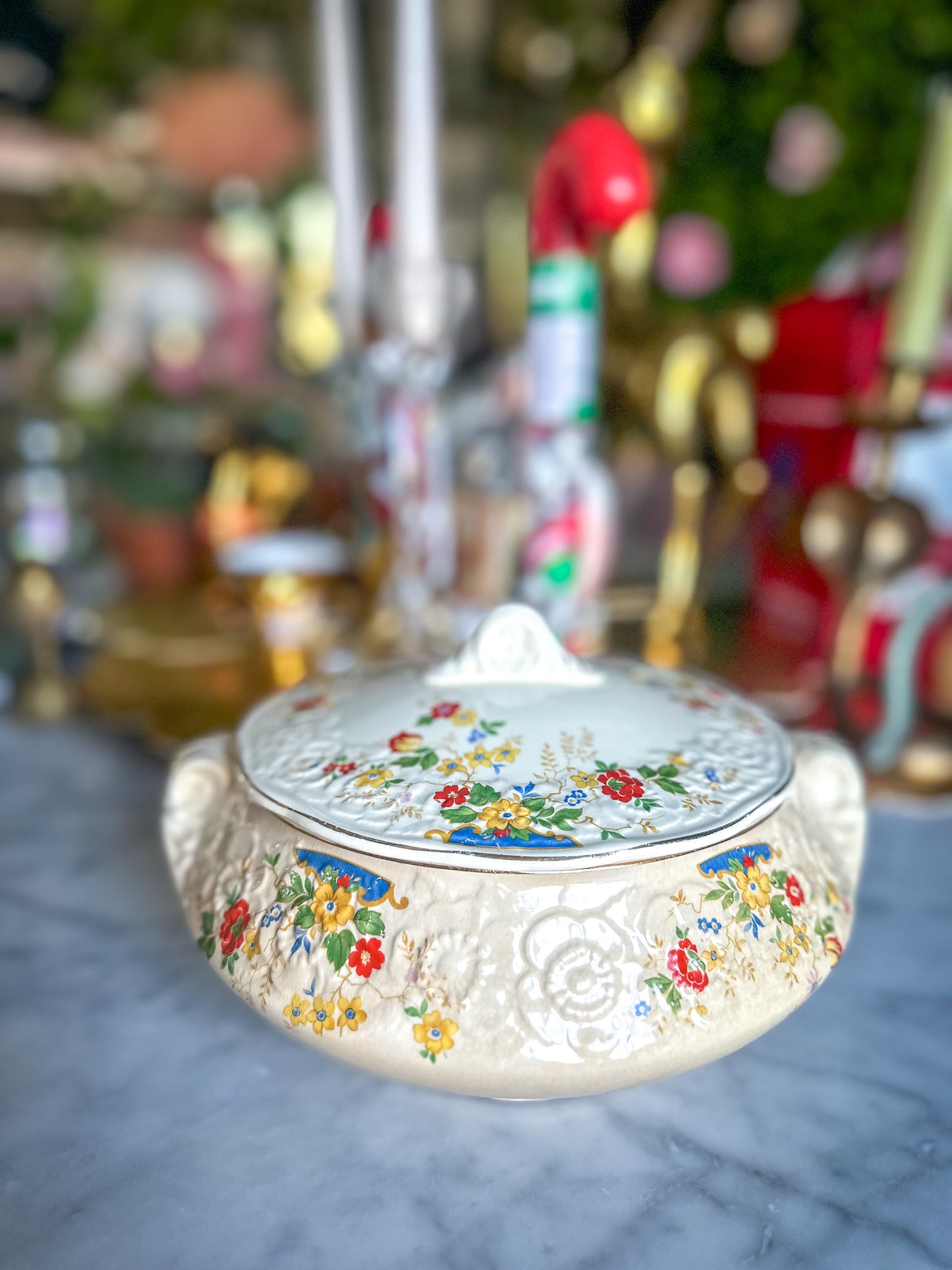 Sovereign Potters Canada HOLLYHOCK Covered Vegetable Bowl, Lidded Serving Bowl, Floral Serving Bowl, Canadian Pottery (1930's)