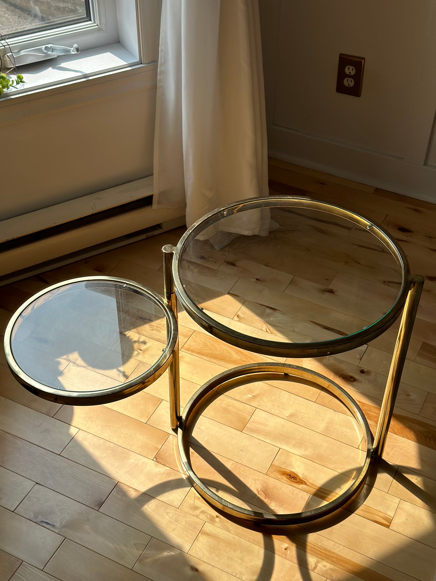 Milo Baughman Style 2 Tier Brass and Glass Cocktail Table