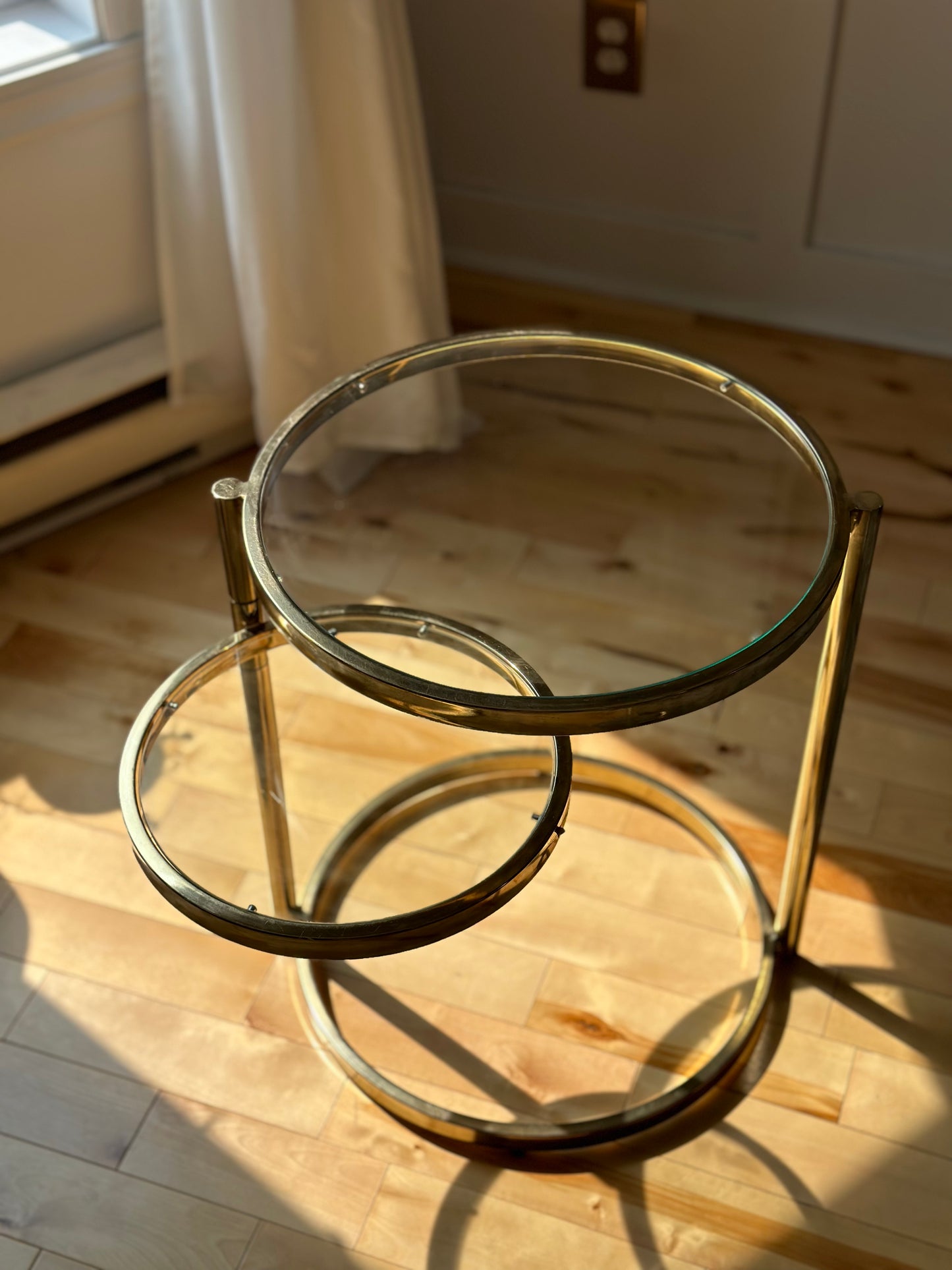 Milo Baughman Style 2 Tier Brass and Glass Cocktail Table