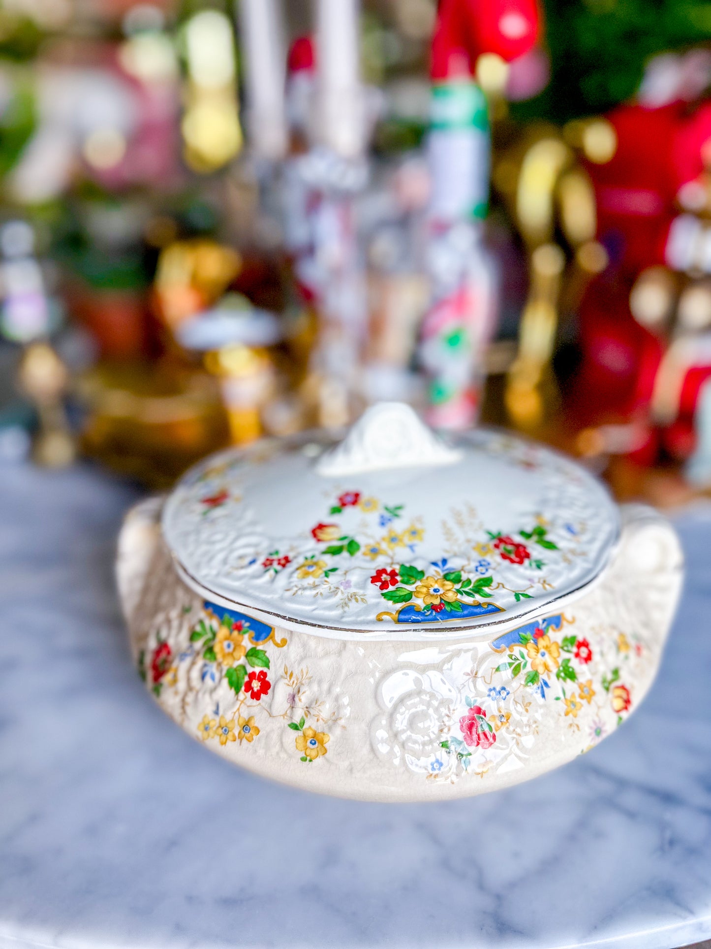 Sovereign Potters Canada HOLLYHOCK Covered Vegetable Bowl, Lidded Serving Bowl, Floral Serving Bowl, Canadian Pottery (1930's)