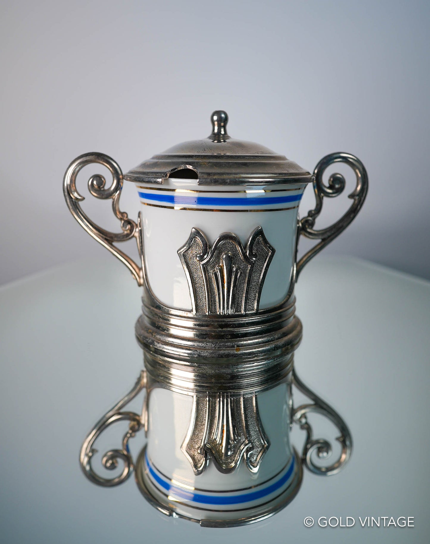 Vintage Italian Chrome & Porcelain Jam Pot Or Sugar Bowl, EP Zinc Chrome Stand Made In Italy, Art Deco Style