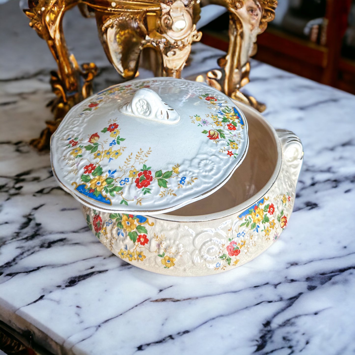 Sovereign Potters Canada HOLLYHOCK Covered Vegetable Bowl, Lidded Serving Bowl, Floral Serving Bowl, Canadian Pottery (1930's)