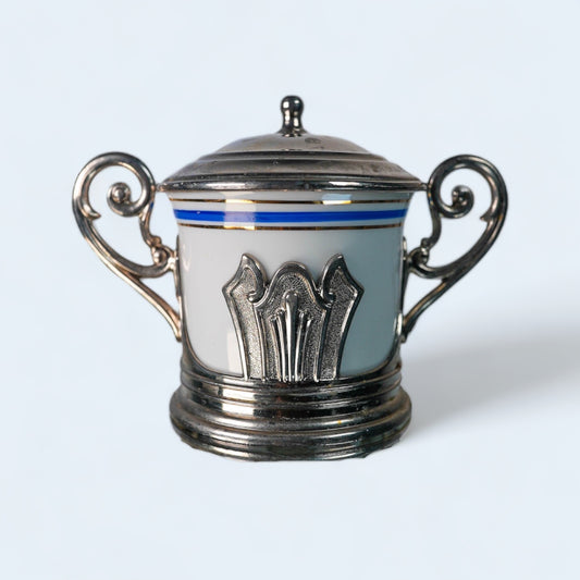 Vintage Italian Chrome & Porcelain Jam Pot Or Sugar Bowl, EP Zinc Chrome Stand Made In Italy, Art Deco Style