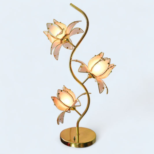 1970's Gold Vintage Pink & Gold Lotus Table Lamp with 3 Heads